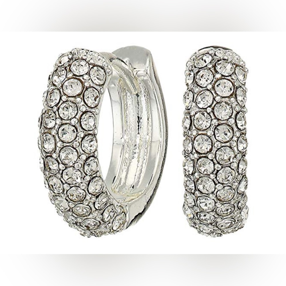 NWT Lauren Ralph Lauren Crystal Pave Huggie Small Hoop Earrings 1/2" - Silver